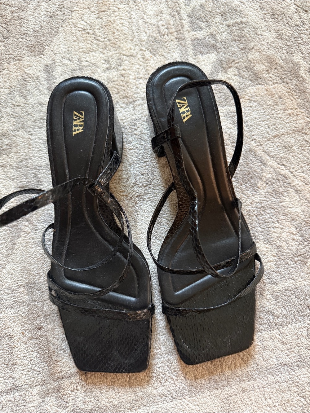 ZARA Black Strappy Square-Toe Heeled Sandals